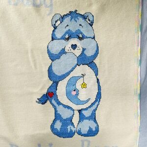 Vintage 80s Handmade Care Bears Bedtime Bear Afghan Baby Blanket Crochet Warm